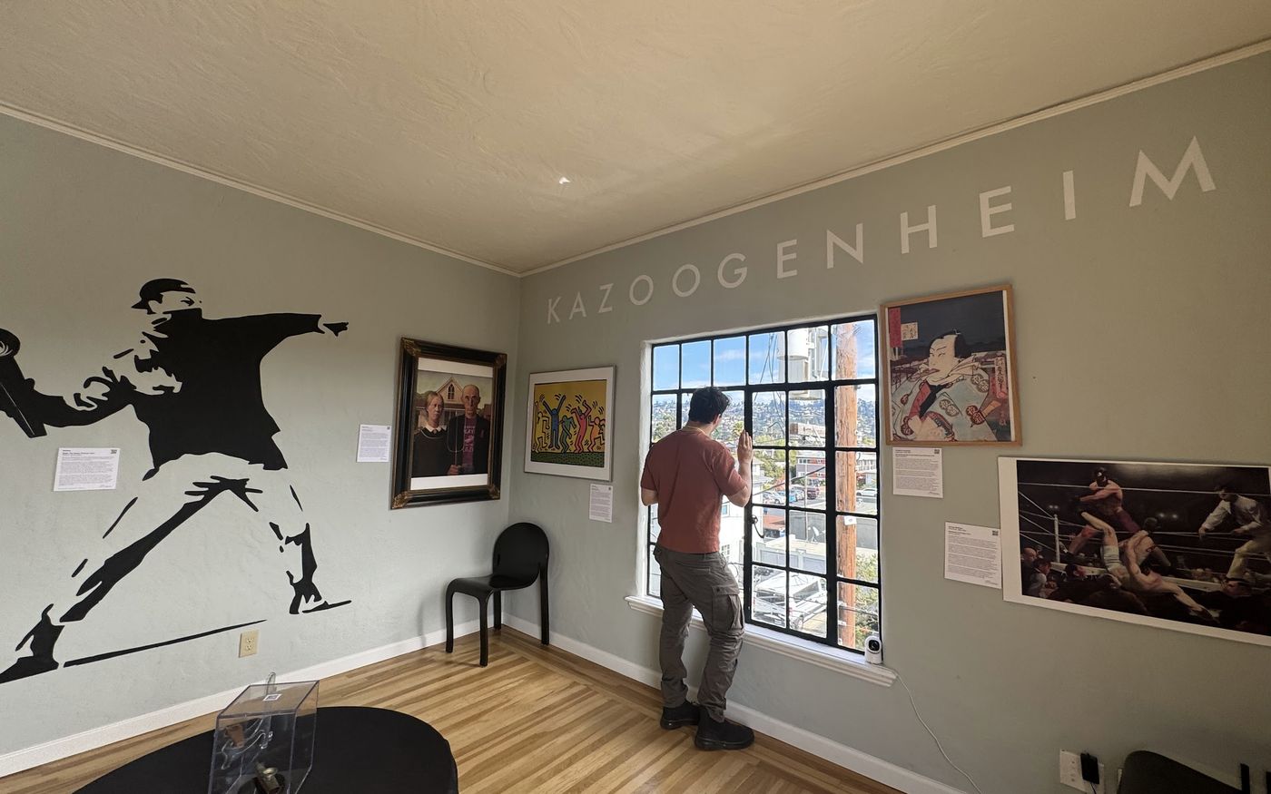 A player inside &ldquo;Kazoogenheim,&rdquo; a parody art gallery in the Solano Human Project, its walls hung with kazoo-themed riffs on famous artworks.